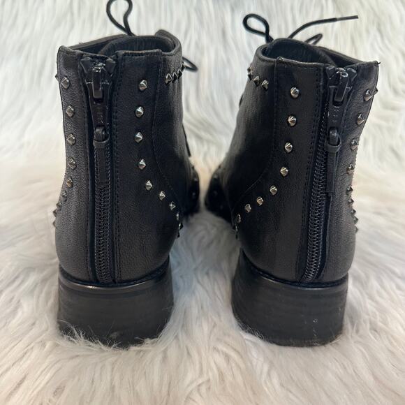 Stuart Weitzman Lashease Studded Moto Ankle Boots Leather Lace-Up Flat Black - Picture 6 of 10